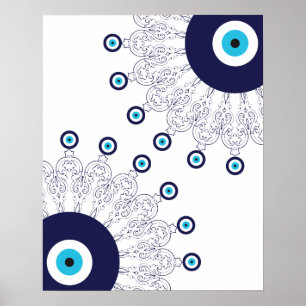 Poster Boho Chic Blue Mau Olho Sortudo Padrão de Mandala
