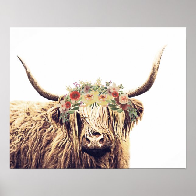 Poster Boho Chic Floral Crown Longhorn Highland Cow (Frente)