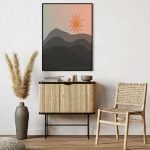 Poster Boho cinza Mountain Sunset Arte Minimizada