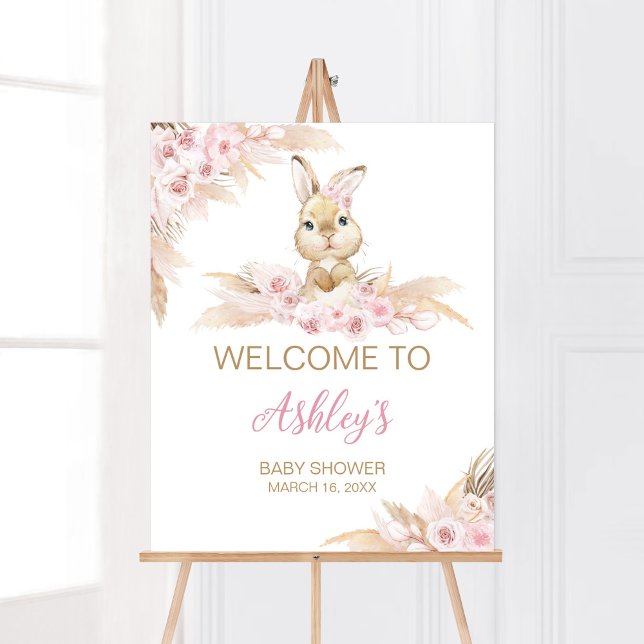 Poster Boho Coelho Rosa Bem-vindo (Pampas Grass Girl Bunny Baby Shower Welcome Sign)