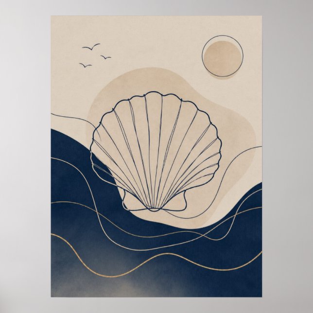 Poster Boho Costeiro Conchas e Ondas do Oceano Azul Profu (Frente)