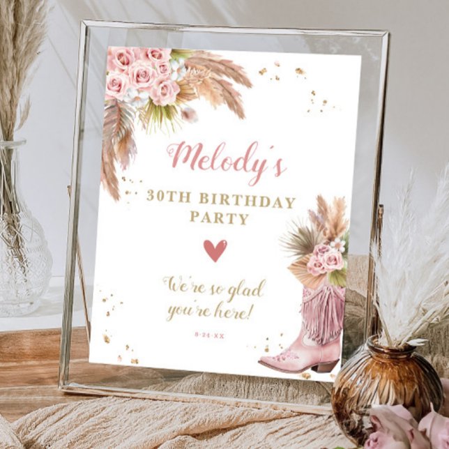 Poster Boho Cowgirl Boot Pampas Grass Rosas Bem-vindos (Boho Cowgirl Boot Pampas Grass Roses Welcome Poster)