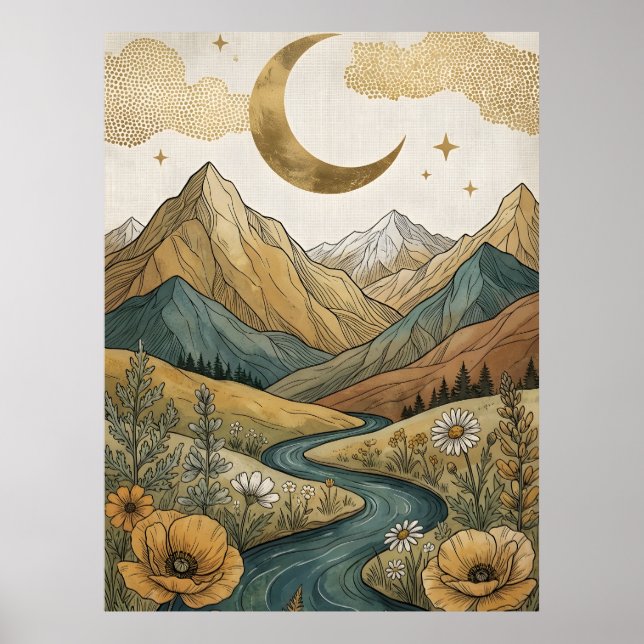Poster Boho Crescente Celestial Lua Montanha Rio (Frente)