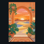 Poster Boho Desert Archway Sunset with Dunes, Hanging Pla<br><div class="desc">Boho desert archway framing golden sunset dunes, with hanging monstera, snake plants, and terracotta pots. Warm orange sky, teal shadows, and geometric patterns create a cozy boho vibe. Perfect for bedroom, living room, or Southwestern decor—high-resolution digital illustration. Add dreamy desert wanderlust to your modern space with this minimalist boho landscape....</div>