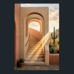 Poster Boho Desert Pink Arches Sunset, Spiral Staircase W<br><div class="desc">Boho desert arches in soft pink and beige framing sunset with spiral staircase and saguaro cactus. Teal shadows, geometric walls, and agave plants create a dreamy Southwestern escape. Perfect for bedroom, living room, or modern boho decor—high-resolution digital illustration.
Elevate your space with this serene desert architecture sunset scene.</div>
