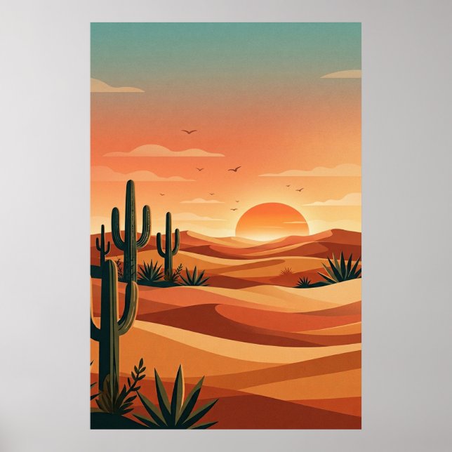 Poster Boho Desert Sunset Dunes with Cactus & Flying Bird (Frente)