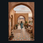 Poster Boho Desert Woman Walking to Sunset Arches, Cactus<br><div class="desc">Boho desert scene with woman in flowing blue dress walking toward sunset arches, framed by terracotta walls, cacti, agave, and monstera plants. Patterned rug, woven baskets, and tiled floor add cozy Southwest charm. Perfect for bedroom, living room, or boho entryway decor—high-resolution digital illustration. Capture dreamy desert wanderlust with this boho...</div>