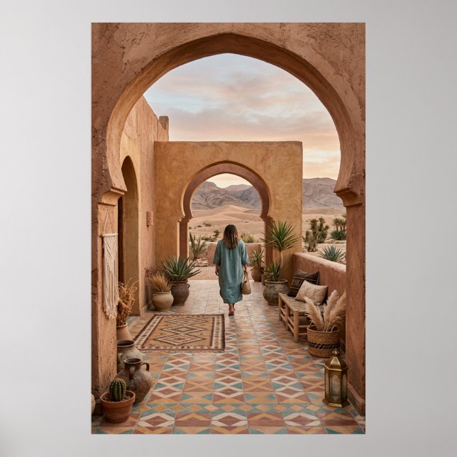Poster Boho Desert Woman Walking to Sunset Arches, Cactus (Frente)