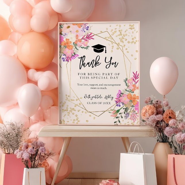 Poster Boho Dourado Com Leve Floral Pink Graduação Obriga (Boho Gold Glitter Floral Pink Graduation Thank You Poster)
