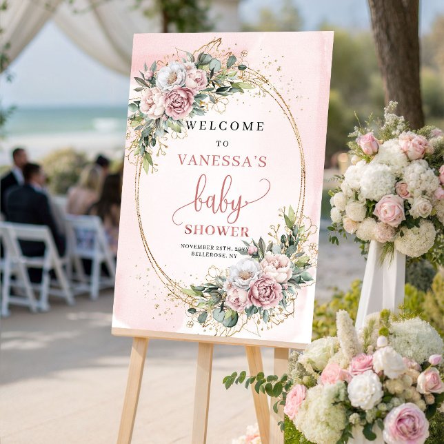 Poster Boho Dourado Rosa Floral Bebe Chá de Bebê Sinal de (Boho Rose Gold Floral Baby Shower Welcome Sign)