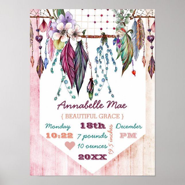 Póster Boho Dreamcatcher & Wood Baby Girl Stats (Frente)