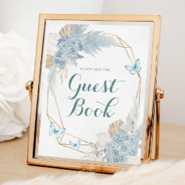 Poster Boho Dusty Blue Butterfly Livro de Aniversário