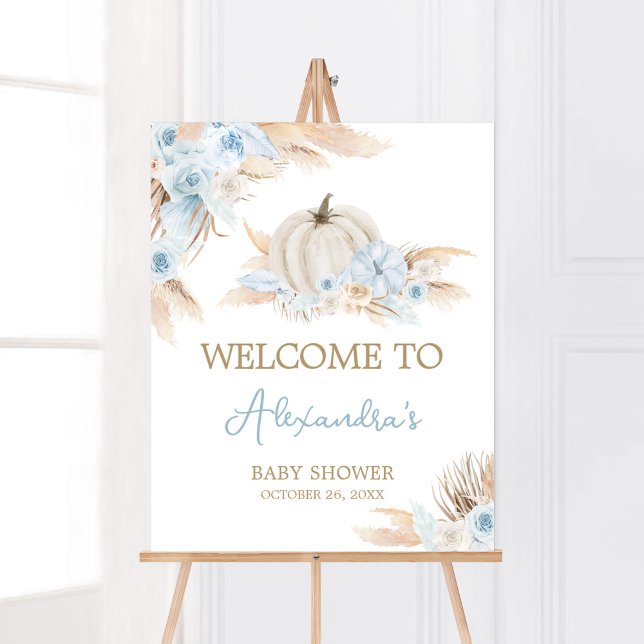 Poster Boho Dusty Blue Pumpkin Chá de fraldas Bem-vindo (Boy Little Pumpkin Baby Shower Welcome Sign )