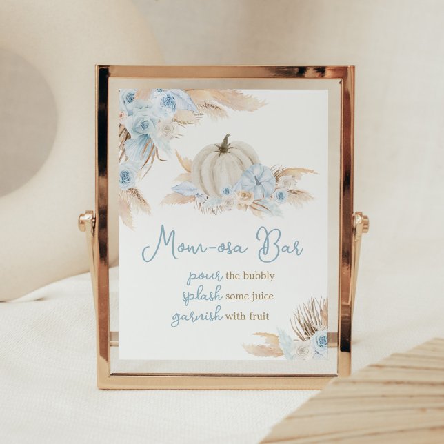 Poster Boho Dusty Blue Pumpkin Chá de fraldas Mãe Bar Osa (Boy Little Pumpkin Baby Shower Mom Osa Bar Sign)