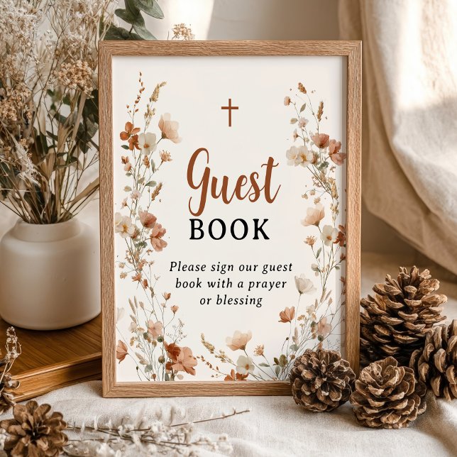 Poster Boho Dusty Rosa Wildflower Baptism Sinal de livro  (Boho Dusty Rose Wildflower Baptism Guest Book Sign)
