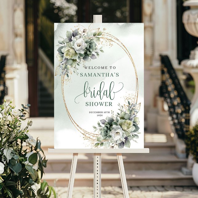 Poster Boho Elegância Verde Dourado Bem-Vindo Chá de Noiv (Boho Elegance Greenery Gold Bridal Shower Welcome Sign)