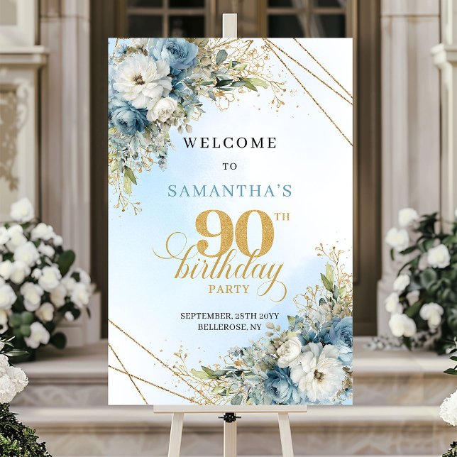 Poster Boho especial azul poeirento dourado 90º aniversár (Special Boho dusty blue gold 90th birthday welcome)