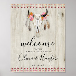 Poster Boho Floral Antlers Cow Skull Casamento de Boho