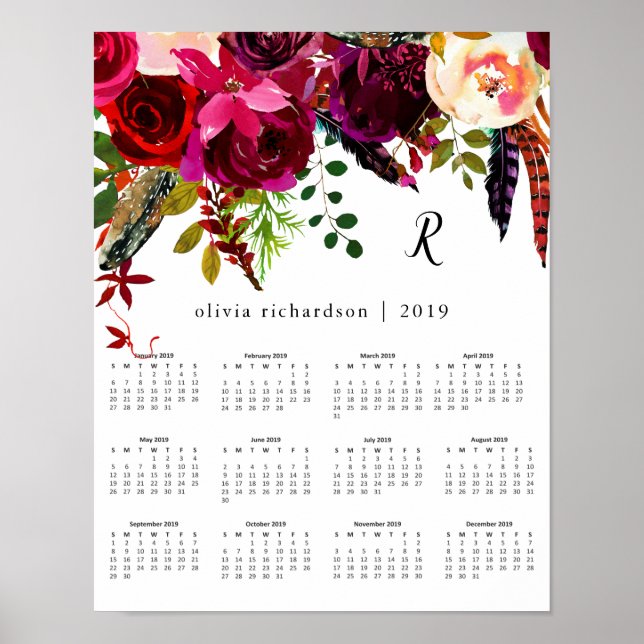 Poster Boho Floral | Calendário 2019 com Monograma (Frente)