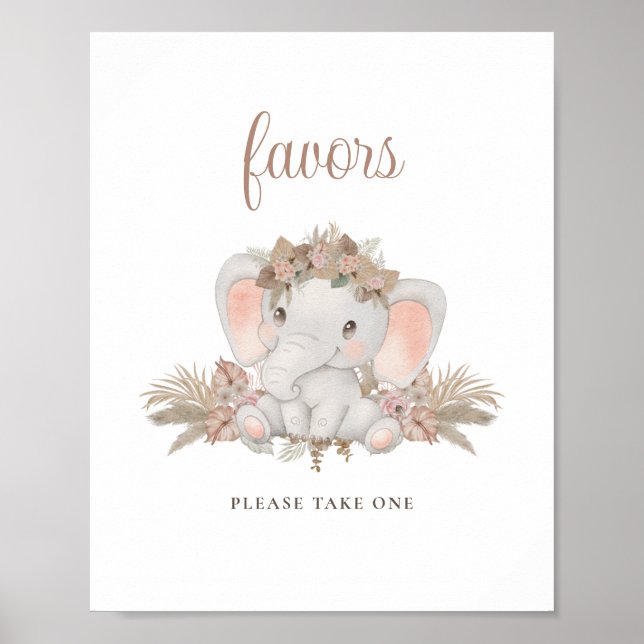 Poster Boho Floral Chá de fraldas Elefante Cute Favorece  (Frente)