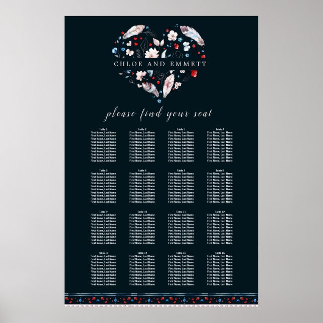 Poster Boho Floral e Penas com 16 Mesas (Frente)