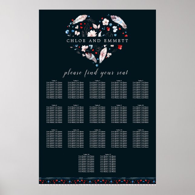 Poster Boho Floral e Penas com 17 Mesas (Frente)