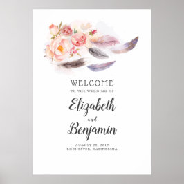 Póster Boho Floral Feather Sinal de Boas-Vindas
