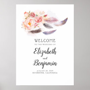 Póster Boho Floral Feather Sinal de Boas-Vindas