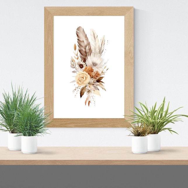 Poster Boho Floral Feenas Botânicas Aquarela Wall Art (Boho Floral Feathers Botanicals Neutral Colors Wall Art poster. Gray Brown Beige Cream)
