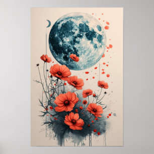 Poster Boho Floral Frame com Lua Azul: Aquarela