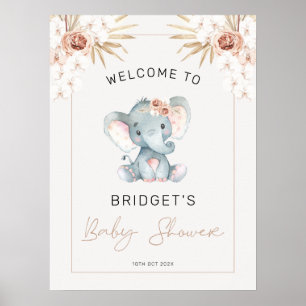 Poster Boho Floral Girls Elephant Chá de fraldas Welcome