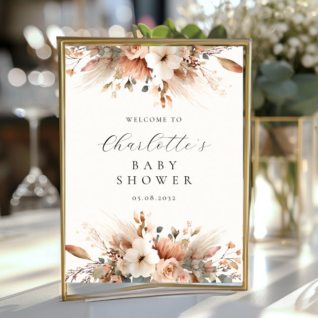 Poster Boho Floral Grama Pampas Rosa Bege Bem-vindo (Boho Floral Pampas Grass Rose Welcome Poster)