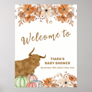 Poster Boho Floral Highland Cow Chá de fraldas Bem-vindo