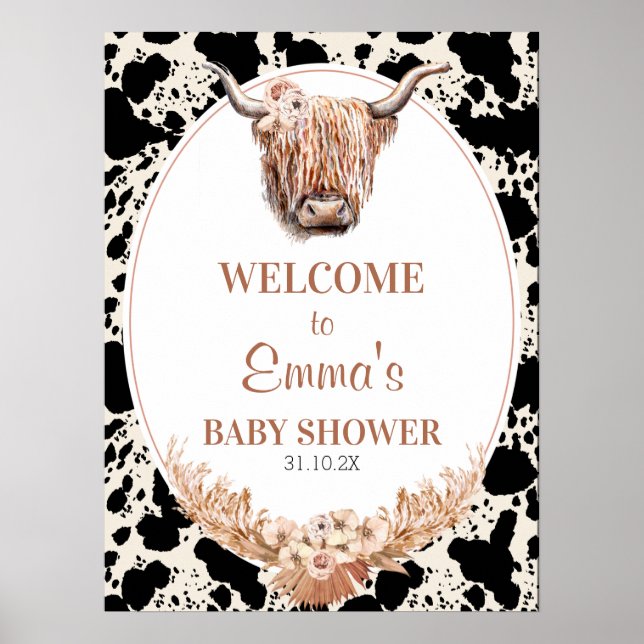 Poster Boho Floral Highland Cow Chá de fraldas Sinal de B (Frente)