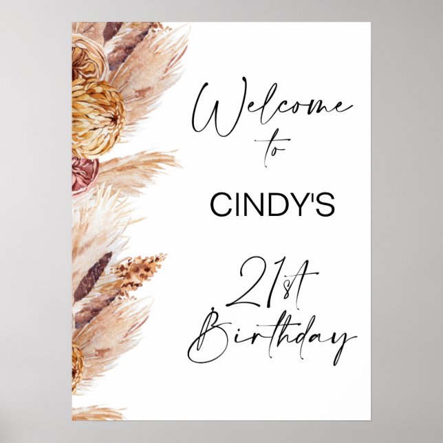 Poster Boho Floral Pampas aniversário de 21 anos - Sinal  (Frente)