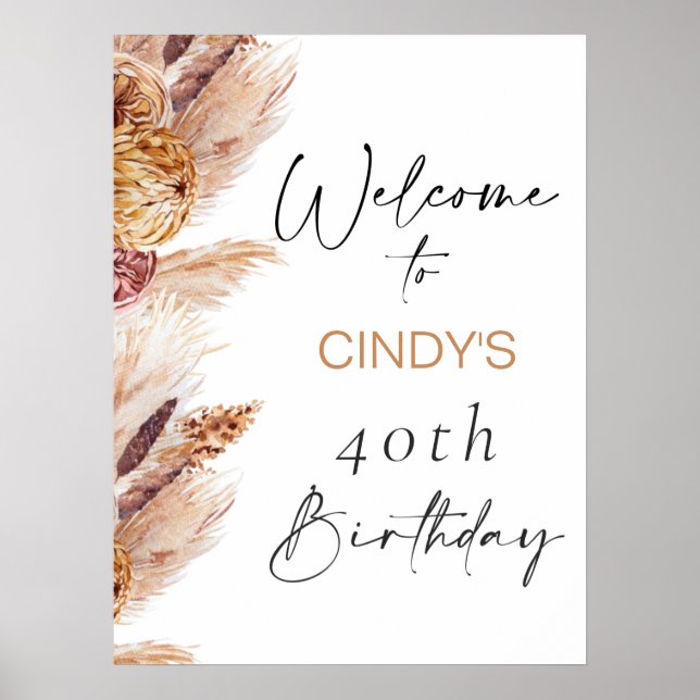 Poster Boho Floral Pampas aniversário de 40 anos - Sinal  (Frente)