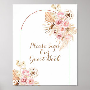 Poster Boho Floral Rosa Pampas Por Favor Assine Nosso Con