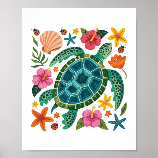 Poster Boho Floral Sea Turtle (Frente)