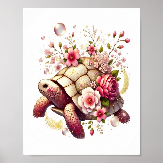 Poster Boho Floral Sea Turtle Pink Flor (Frente)