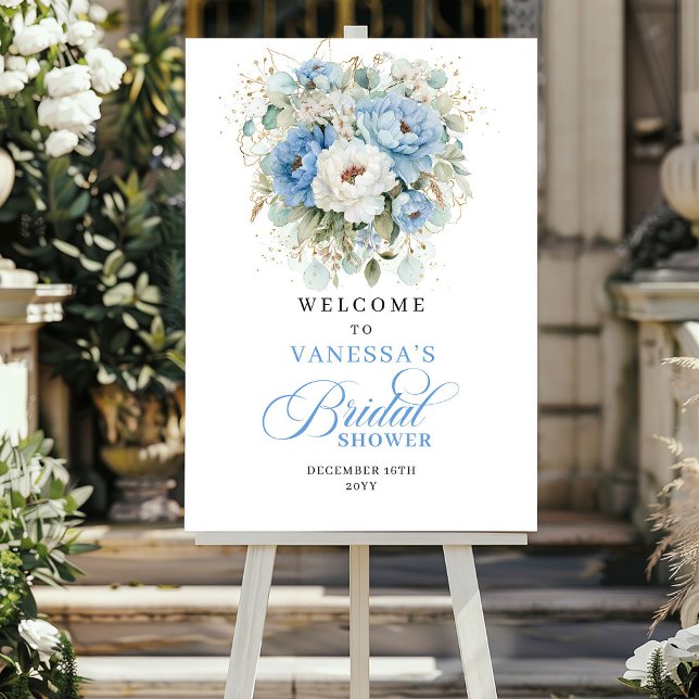 Poster Boho Flores Azuis Desbotadas Chamada de Boas-Vinda (Boho Dusty Blue Flowers Bridal Shower Welcome)