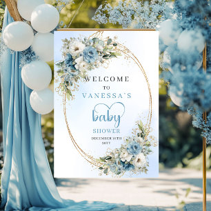 Poster Boho Flores Azuis Empoeiradas Douradas Bem-vindo a