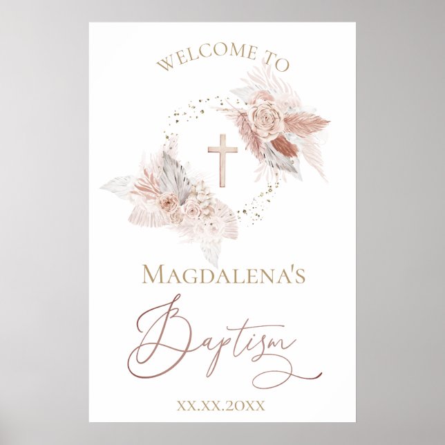 Poster boho flores Baptism sinal de boas-vindas (Frente)