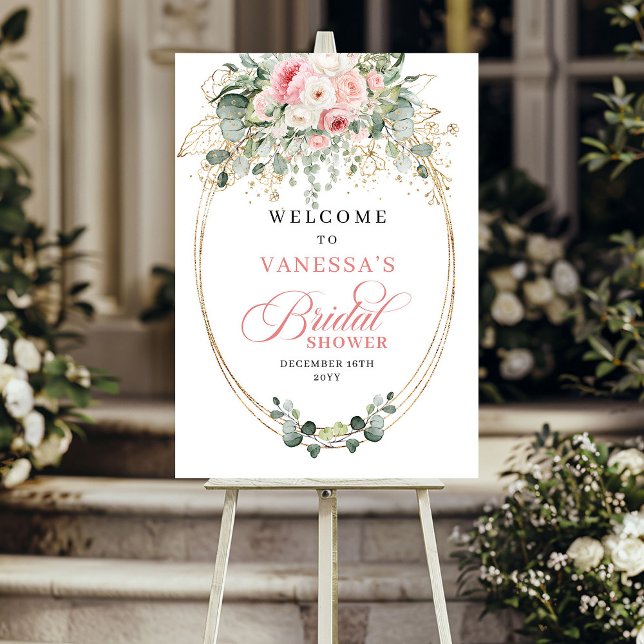 Poster Boho Flores Rosa Empoeiradas Verdura Chá de Bebê d (Boho Dusty Pink Flowers Greenery Bridal Shower Welcome)