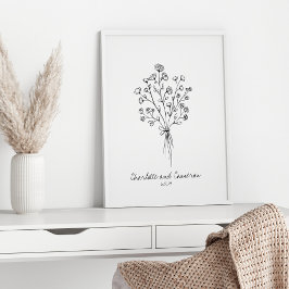 Poster Boho Flower Line Art Desenho Personalizado Casamen