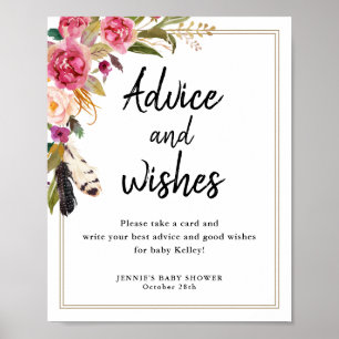Poster Boho Flowers & Feather Advice Cards Exibir Sinal