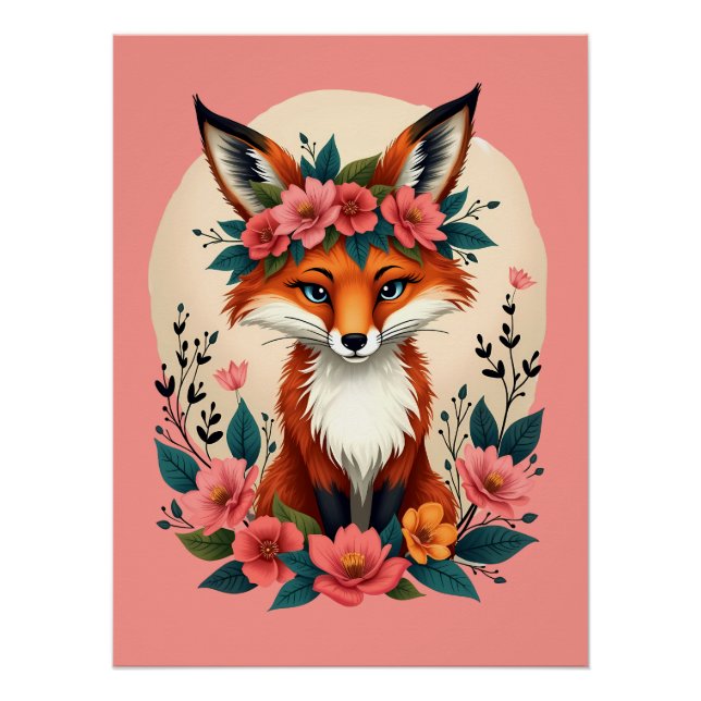 Póster Boho Fox com Floresta Floral (Frente)