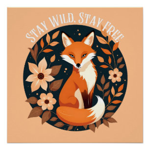 Póster Boho Fox "Fique Selvagem, Fique Livre" Design Flor