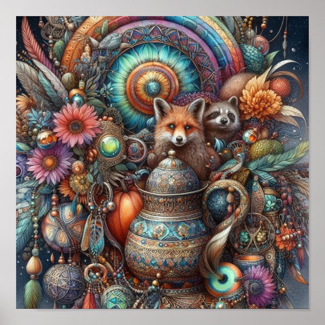 Poster Boho Fox Raccoon Floral Design (Frente)