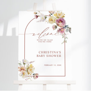 Poster Boho Garden Rosa Flores Chá de fraldas Sinal de Bo
