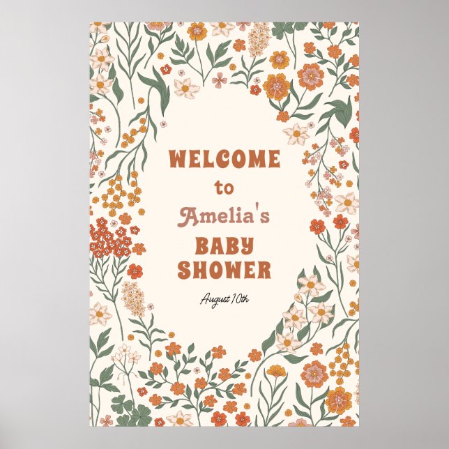 Poster Boho Groovy Meadow Wildflower Chá de fraldas Bem-v (Frente)